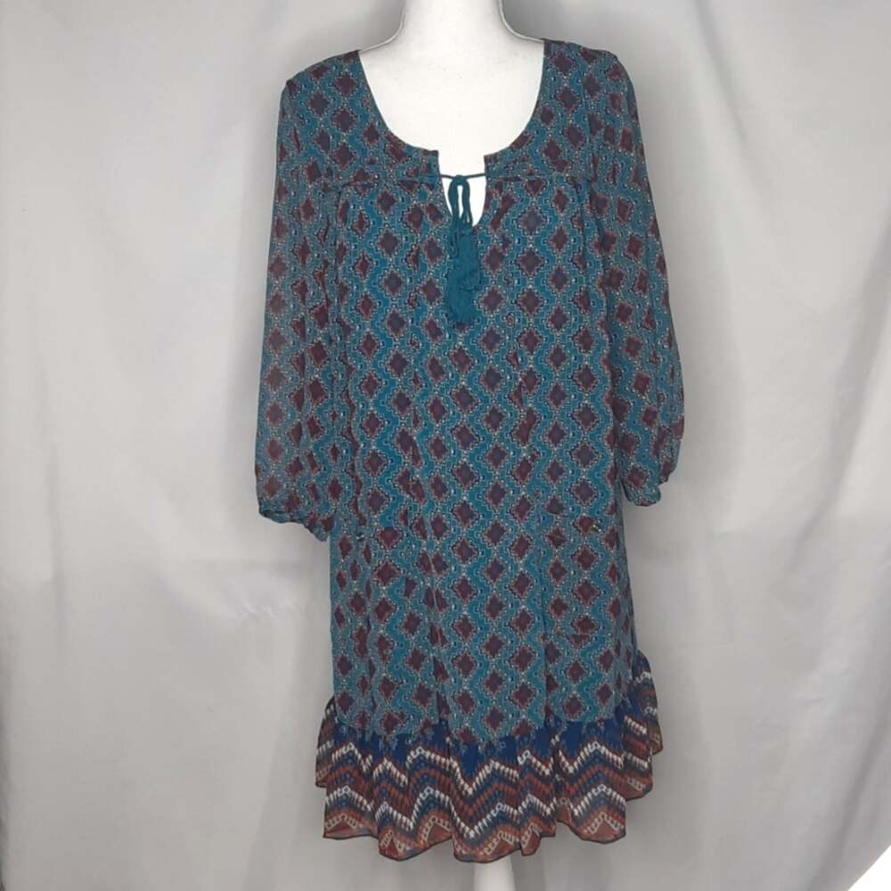 As U Wish Women's Dress Large Boho Southwest Casual Teal Navy